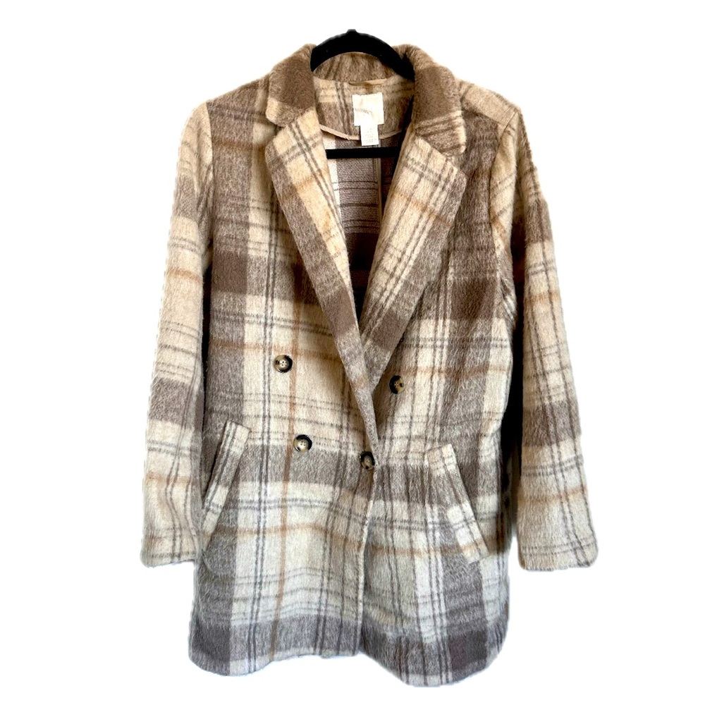 H&M Double Breasted Plaid Coat - Tan and Cream - Size 10